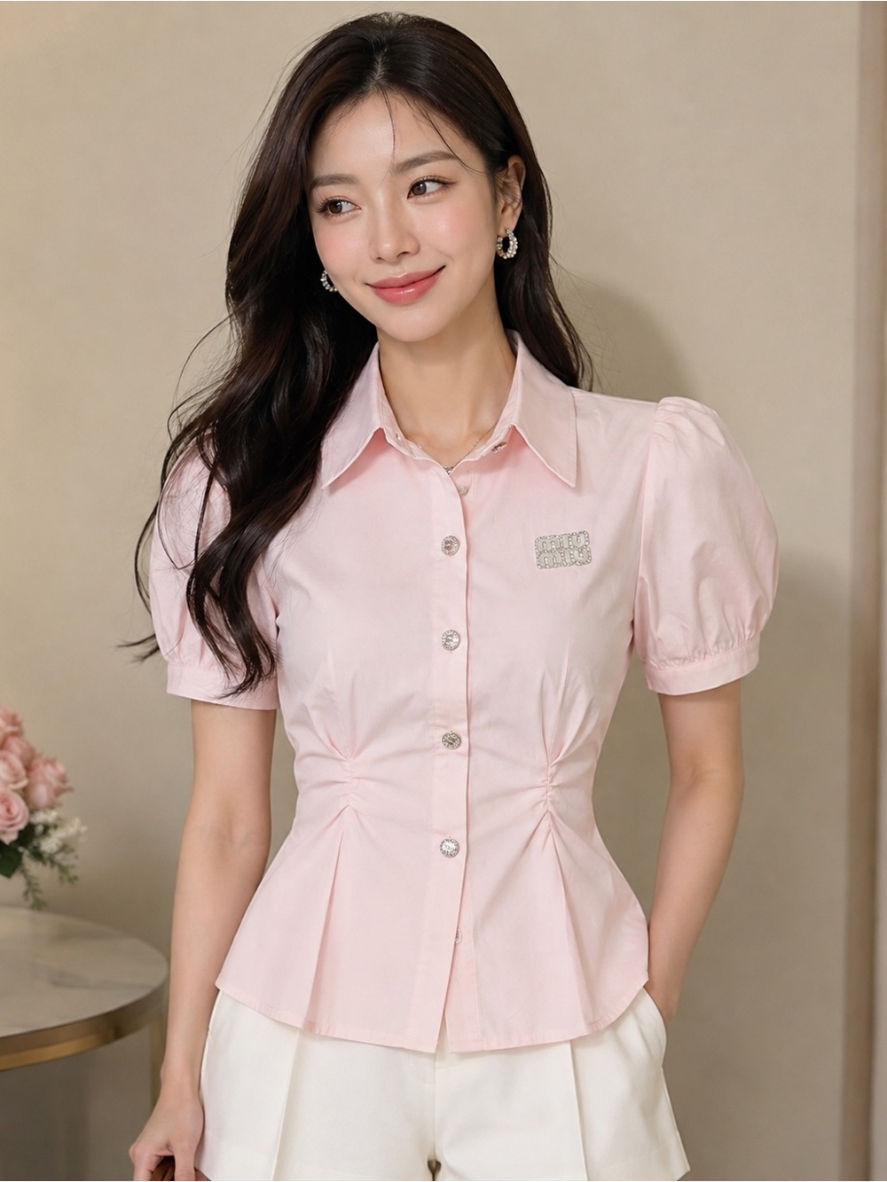 Miu Miu Light Pink Puff-Sleeve Button Front Blouse